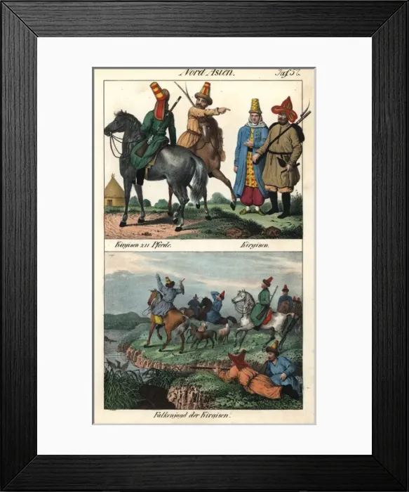 Framed Print : Kyrgyz men hunting with falcons, dogs and guns Framed Print : Kyrgyz men hunting with falcons, dogs and guns