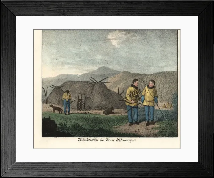 Framed Print : Chukchi hunters with bow, arrows, spears and hunting dogs Framed Print : Chukchi hunters with bow, arrows, spears and hunting dogs