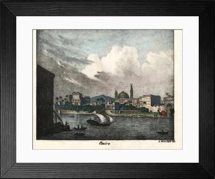 Framed Print : Cairo, Egypt, with a dhow on the water, camels and mosque Framed Print : Cairo, Egypt, with a dhow on the water, camels and mosque