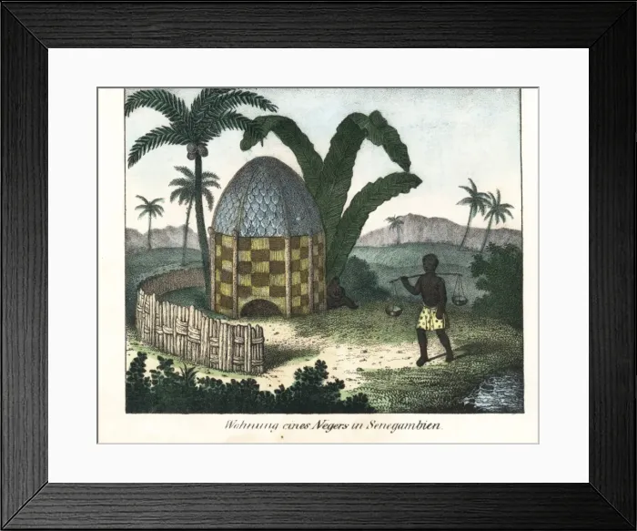 Framed Print : Native thatched hut under palm trees in Senegambia Framed Print : Native thatched hut under palm trees in Senegambia