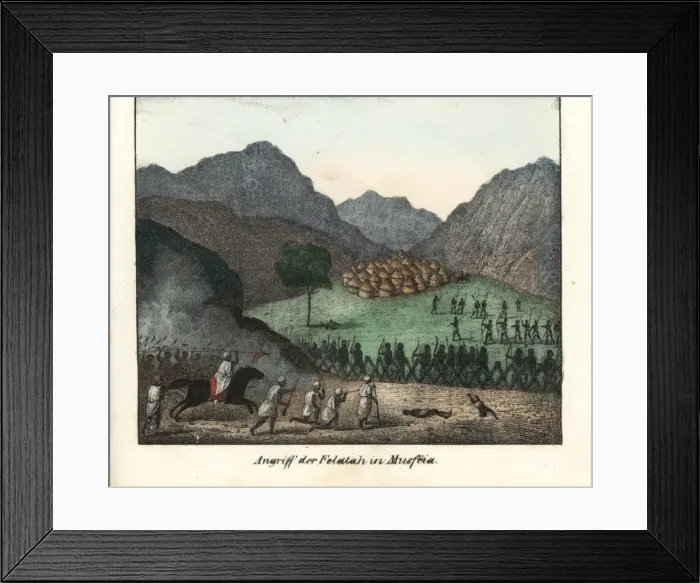 Framed Print : Felatah warriors defending Musfeia from an Arab attack Framed Print : Felatah warriors defending Musfeia from an Arab attack