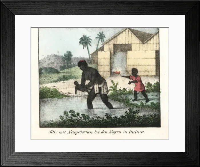 Framed Print : A woman dips a new born baby in a pond, birth Framed Print : A woman dips a new born baby in a pond, birth