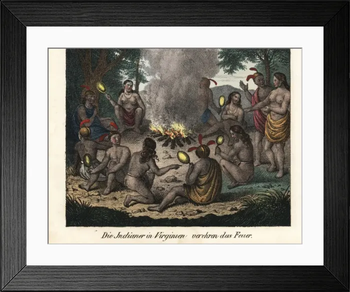 Framed Print : Native American men and women of Virginia worshipping fire Framed Print : Native American men and women of Virginia worshipping fire
