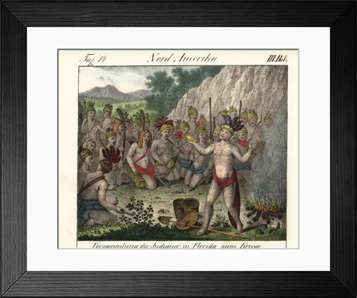 Framed Print : Tattooed native warriors in a war party, Florida, America Framed Print : Tattooed native warriors in a war party, Florida, America