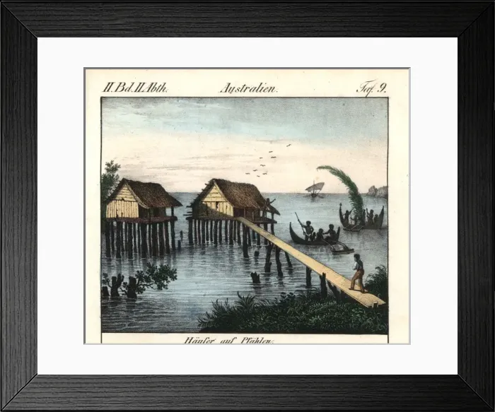 Framed Print : Stilt houses on Rawak Island and outrigger canoes Framed Print : Stilt houses on Rawak Island and outrigger canoes