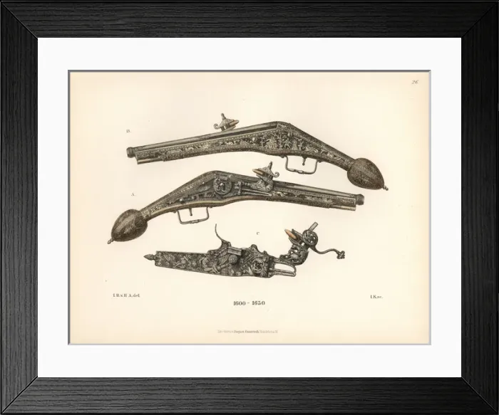 Framed Print : Flintlock pistol with engraved stock and handle Framed Print : Flintlock pistol with engraved stock and handle