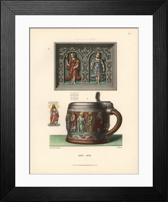 Framed Print : Pottery apostle-tankard and tile with allegorical Framed Print : Pottery apostle-tankard and tile with allegorical