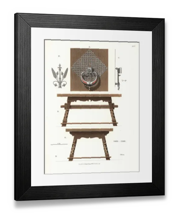 Framed Print : Wrought ironwork and a wooden table from