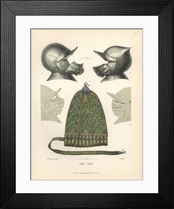 Framed Print : Helmets with vizors and sword-clasp in brown Framed Print : Helmets with vizors and sword-clasp in brown