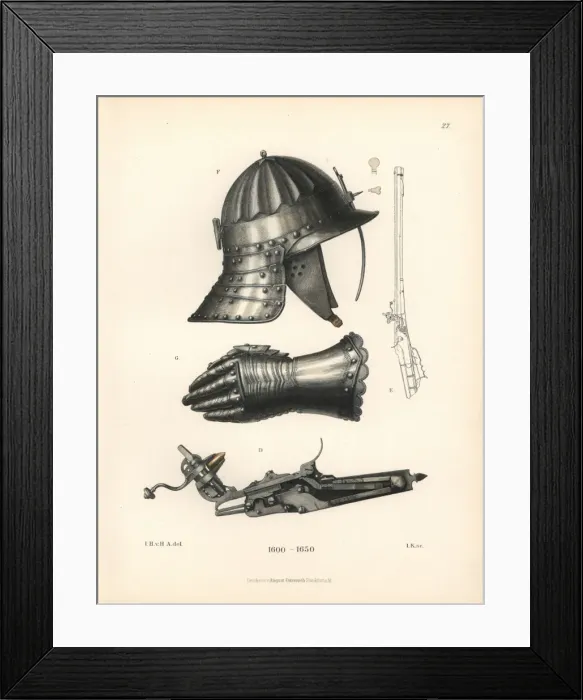 Framed Print : Helmet, glove and flintlock pistol from the 17th century Framed Print : Helmet, glove and flintlock pistol from the 17th century