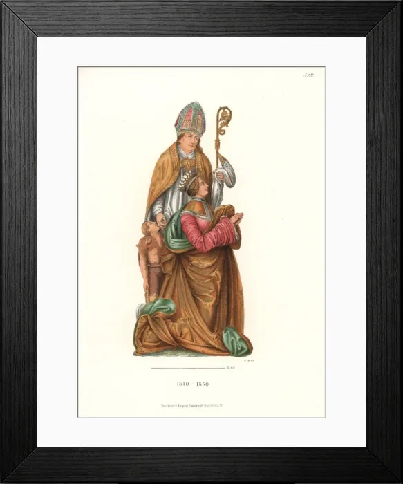 Framed Print : Kneeling woman with her patron saint standing behind her Framed Print : Kneeling woman with her patron saint standing behind her