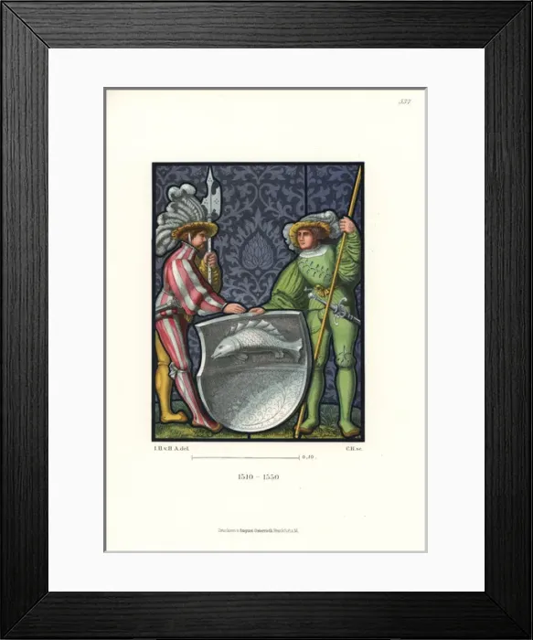 Framed Print : Swiss knights in battle garb holding a heraldic shield Framed Print : Swiss knights in battle garb holding a heraldic shield