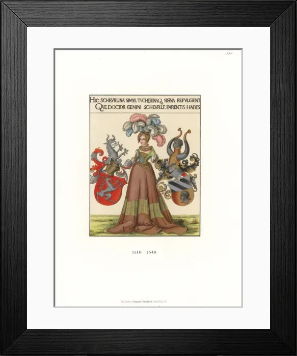 Framed Print : Noble woman of Nuremberg holding coats of arms, 16th century Framed Print : Noble woman of Nuremberg holding coats of arms, 16th century