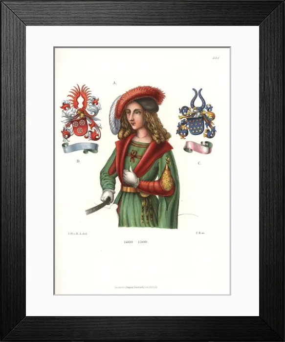 Framed Print : Costume of a young German nobleman and coats of arms, 15thC Framed Print : Costume of a young German nobleman and coats of arms, 15thC