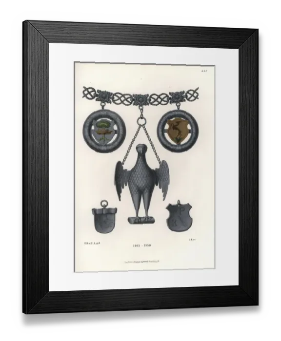 Framed Print : Silver chain with eagle amulet, coats of arms, and shields Framed Print : Silver chain with eagle amulet, coats of arms, and shields