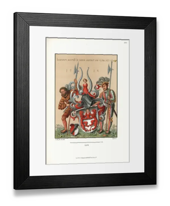 Framed Print : Two German mercenaries holding a coat of arms Framed Print : Two German mercenaries holding a coat of arms