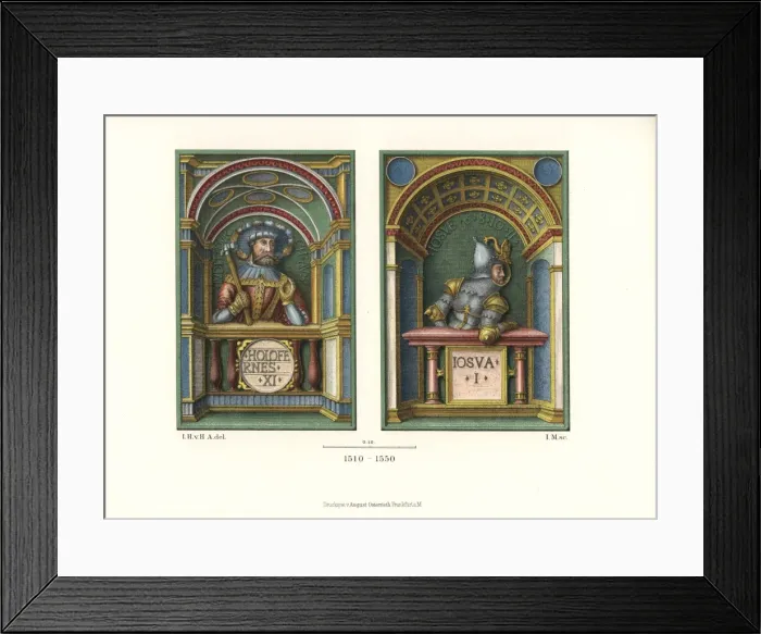 Framed Print : Stove tiles depicting knights named Holofernes and Josua Framed Print : Stove tiles depicting knights named Holofernes and Josua