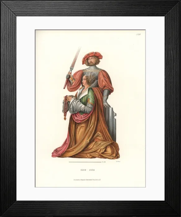 Framed Print : Kneeling woman with a knight in armor standing behind her Framed Print : Kneeling woman with a knight in armor standing behind her