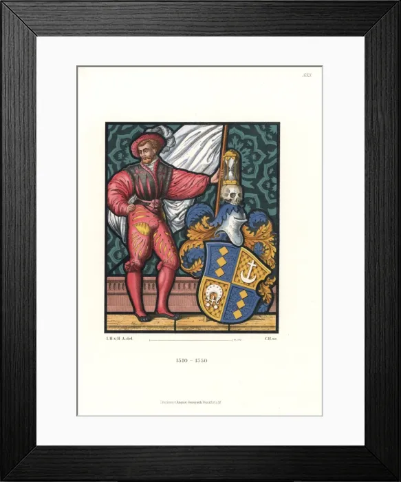 Framed Print : Swiss costume of a knight with heraldic shield, 1510-1550 Framed Print : Swiss costume of a knight with heraldic shield, 1510-1550