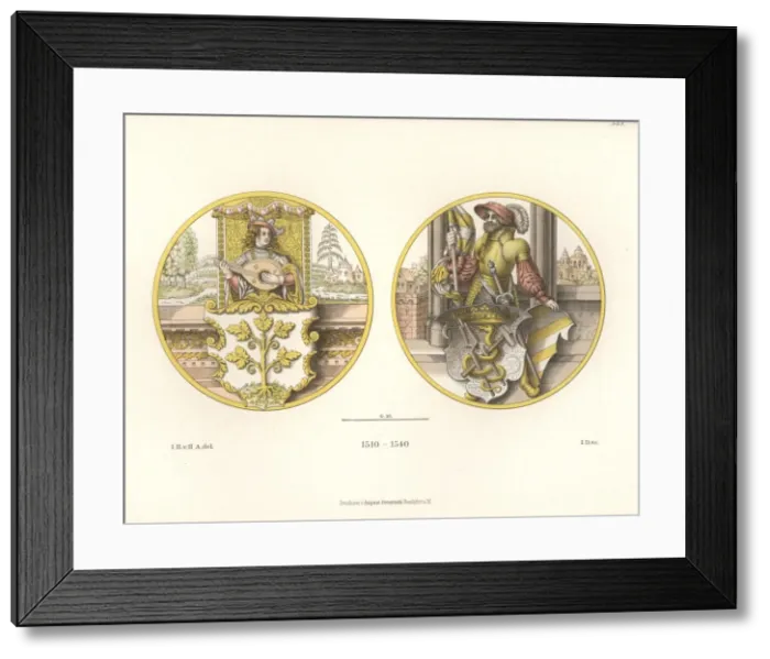 Framed Print : Glass paintings showing coats of arms with lute player Framed Print : Glass paintings showing coats of arms with lute player