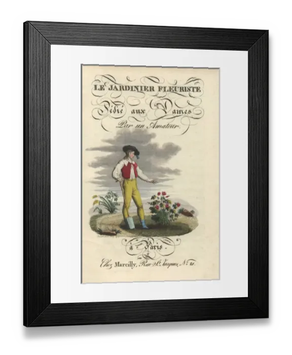 Framed Print : Title page with vignette of a gardener tending a rose bush Framed Print : Title page with vignette of a gardener tending a rose bush