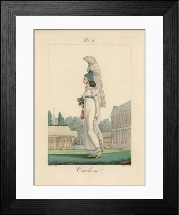 Framed Print : Woman of Caux in white dress, tall blue bonnet Framed Print : Woman of Caux in white dress, tall blue bonnet