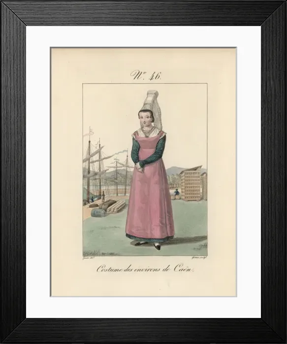 Framed Print : Woman in costume of Caen in front of sailing Framed Print : Woman in costume of Caen in front of sailing