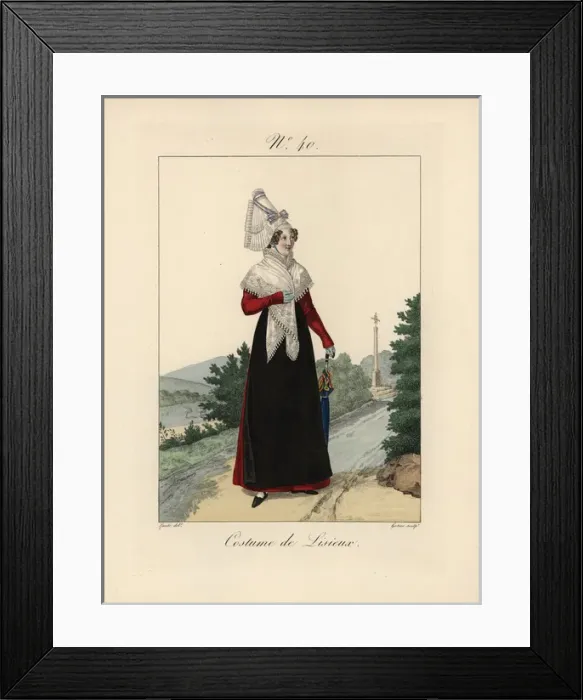 Framed Print : Woman in costume of Lisieux She wears a pink Framed Print : Woman in costume of Lisieux She wears a pink