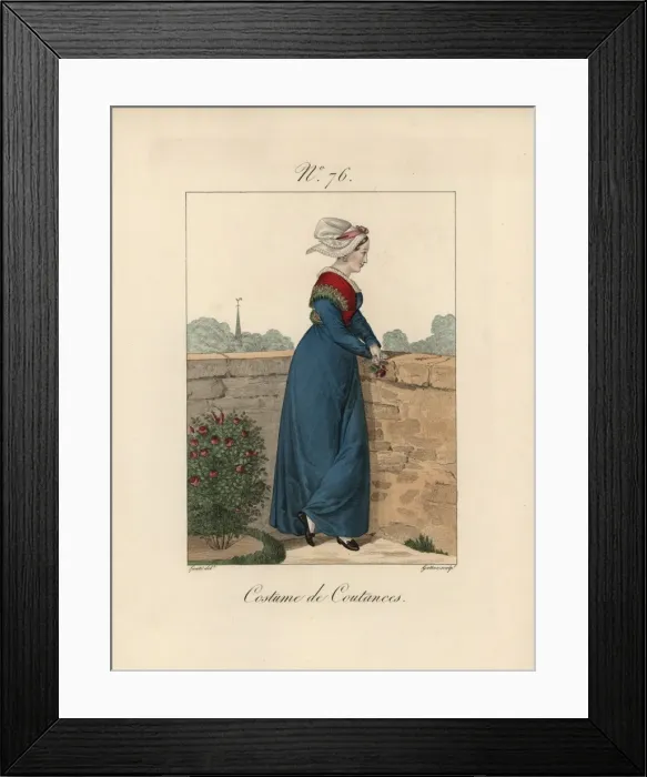 Framed Print : Costume of Coutances She wears a demi-pare bonnet Framed Print : Costume of Coutances She wears a demi-pare bonnet