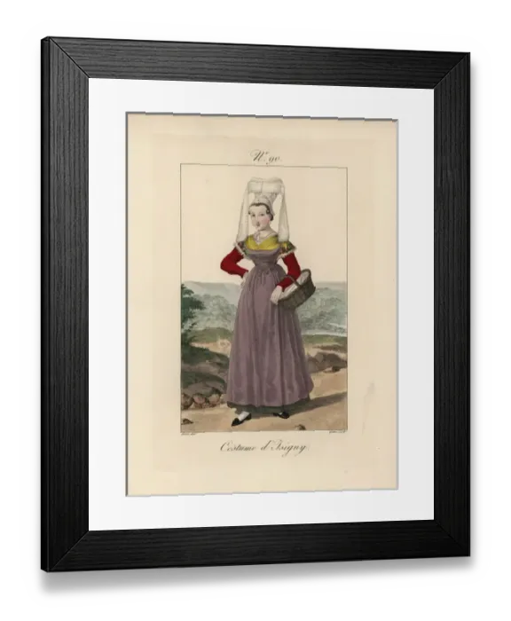 Framed Print : Costume of Coutances She wears a demi-pare bonnet