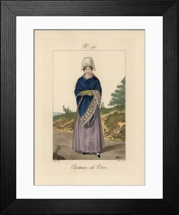 Framed Print : Costume of Vire Bavolet bonnet with short tails Framed Print : Costume of Vire Bavolet bonnet with short tails