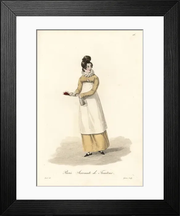 Framed Print : Waitress, 19th century, in long dress with lace collar Framed Print : Waitress, 19th century, in long dress with lace collar