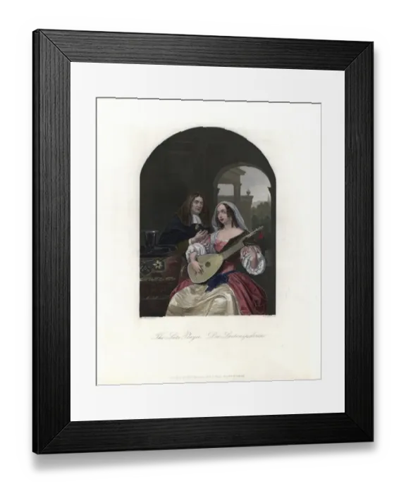 Framed Print : A woman in French costume tunes a 12-string lute Framed Print : A woman in French costume tunes a 12-string lute