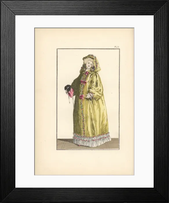 Framed Print : Woman in canary-yellow taffeta hooded cape Framed Print : Woman in canary-yellow taffeta hooded cape