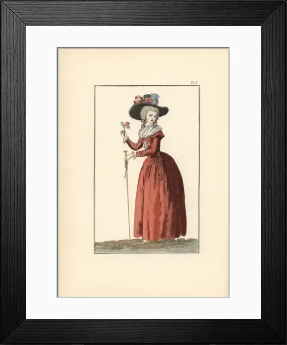 Framed Print : A woman in wine-coloured redingote, holding Framed Print : A woman in wine-coloured redingote, holding