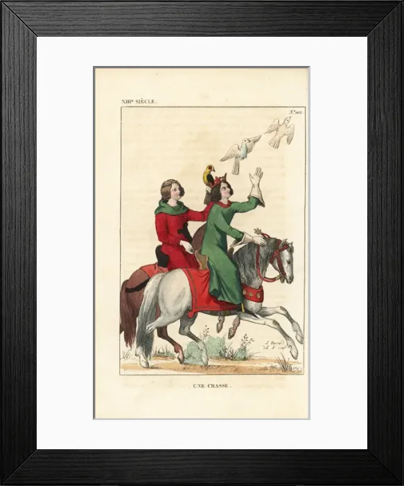Framed Print : French noble couple hunting with falcons, 13th century Framed Print : French noble couple hunting with falcons, 13th century