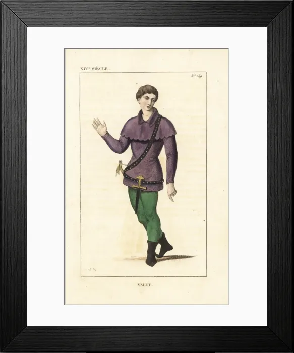 Framed Print : French royal valet in hunting wear, 14th century Framed Print : French royal valet in hunting wear, 14th century