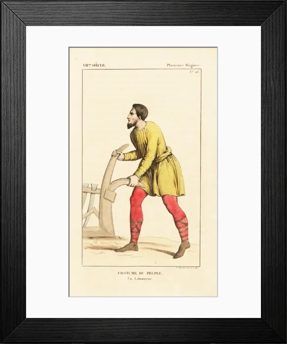 Framed Print : Costume of a farm labourer with plough, 12th century Framed Print : Costume of a farm labourer with plough, 12th century