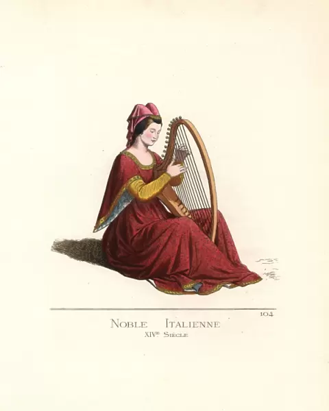 Italian noble woman playing a harp, 14th century
