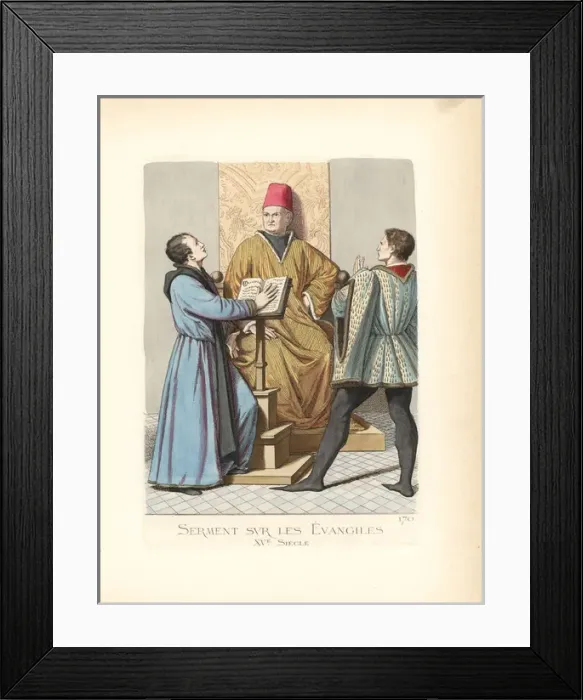 Framed Print : Swearing an oath on the Bible, 15th century Framed Print : Swearing an oath on the Bible, 15th century