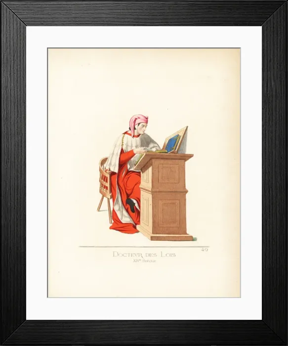 Framed Print : Doctor of law reading books at a lectern, 14th century Framed Print : Doctor of law reading books at a lectern, 14th century