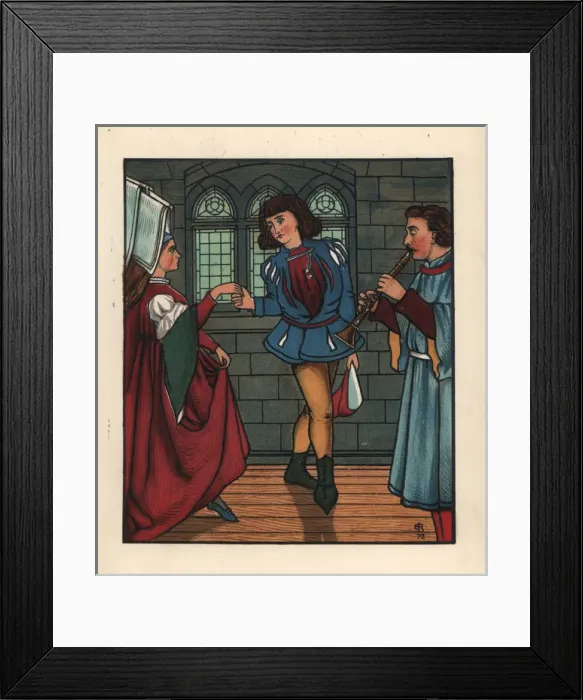 Framed Print : Medieval couple dancing to a musician playing a clarinet Framed Print : Medieval couple dancing to a musician playing a clarinet