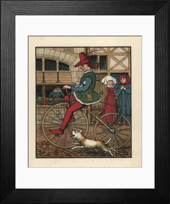 Framed Print : Medieval man riding a wooden velocipede on a cobbled street Framed Print : Medieval man riding a wooden velocipede on a cobbled street