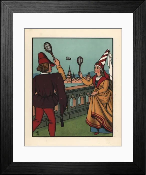 Framed Print : Medieval man and woman playing a game of battledore Framed Print : Medieval man and woman playing a game of battledore
