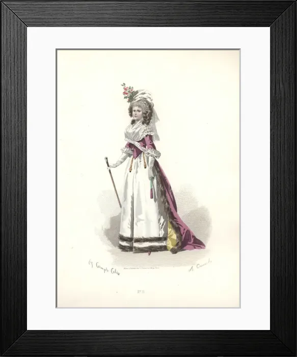 Framed Print : Woman in floral bonnet, a pink fur-trimmed Framed Print : Woman in floral bonnet, a pink fur-trimmed