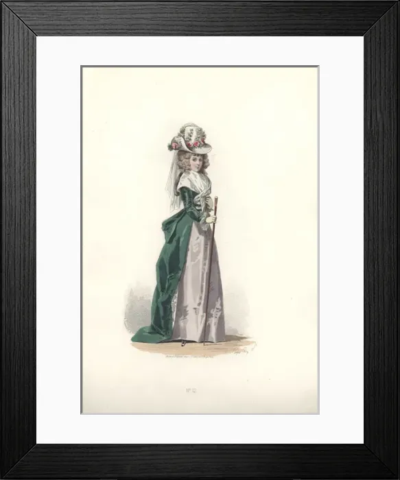 Framed Print : Fashionable woman in flowery bonnet, green Framed Print : Fashionable woman in flowery bonnet, green