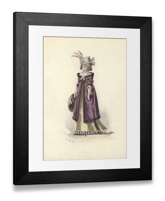 Framed Print : Woman in bonnet trimmed with feathers, long Framed Print : Woman in bonnet trimmed with feathers, long