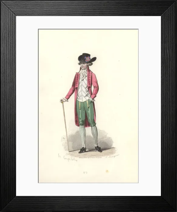 Framed Print : Fashionable man in pink coat, green breeches
