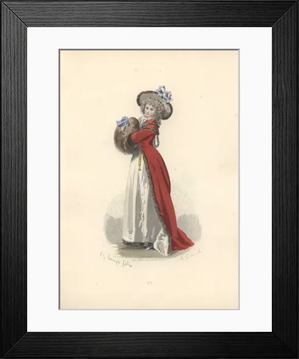 Framed Print : Woman in wig and bonnet, long crimson coat Framed Print : Woman in wig and bonnet, long crimson coat