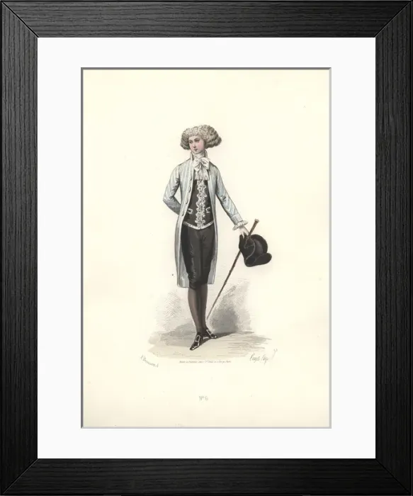 Framed Print : Elegant man in full wig, grey striped coat